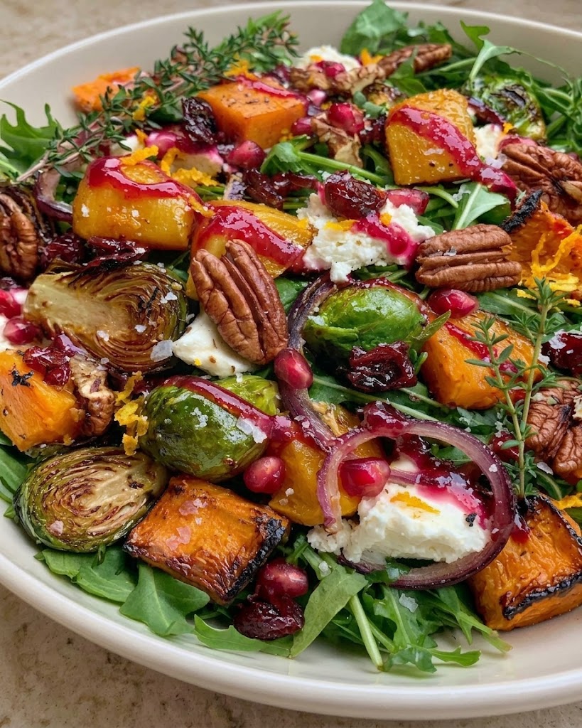 Cranberry-Glazed Roasted Butternut Squash, Brussels Sprouts & Sweet Potato Salad
