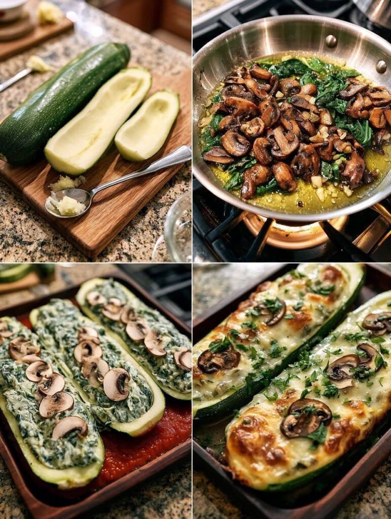 Vegan Spinach Mushroom and Ricotta Stuffed Zucchini Boats