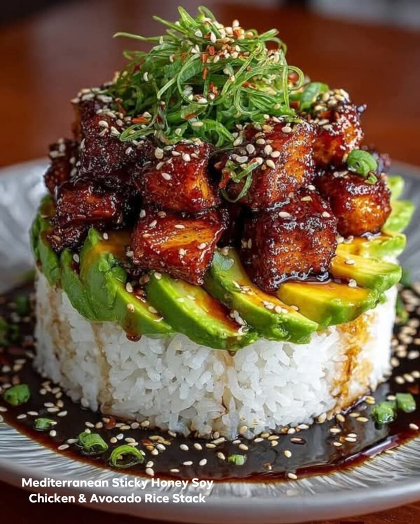 Low-Carb Mediterranean Sticky Honey Soy Chicken Avocado Rice Stack