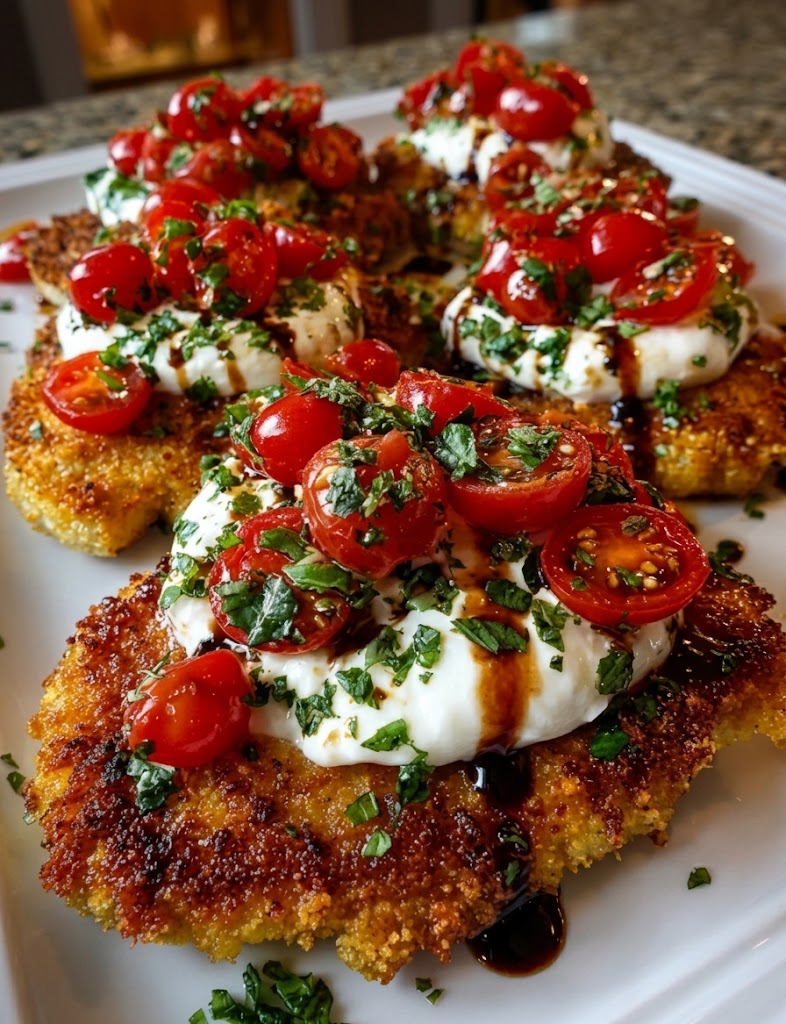 Crispy Caprese Chicken Cutlets with Burrata & Balsamic Glaze
